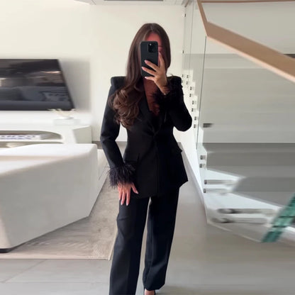 Feather Trim Lapel Blazer And Straight Pant Two Piece Suit Set