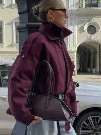 Womens Grey Mid Length Jacket Faux Fur Sleeve Wool Blend V Neck Outwear