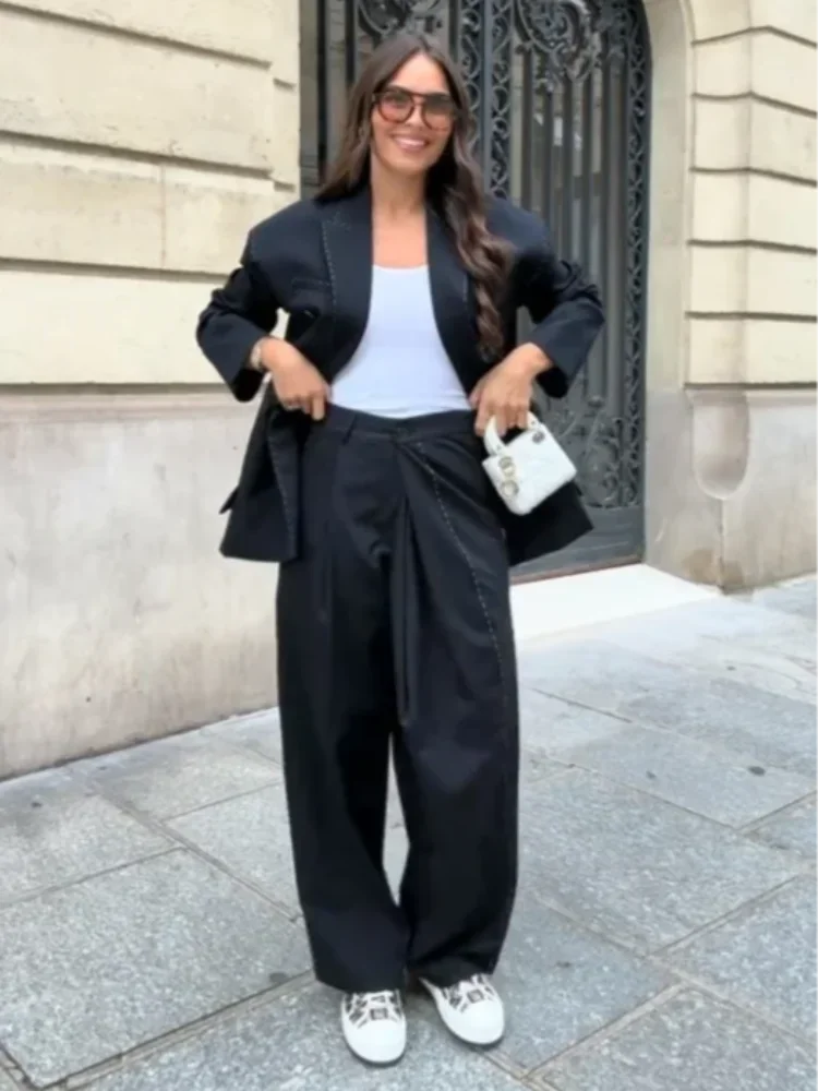 Casual Womens Double Breasted Striped Suit Loose Blazer Straight Pants Set