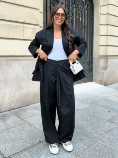 Casual Womens Double Breasted Striped Suit Loose Blazer Straight Pants Set