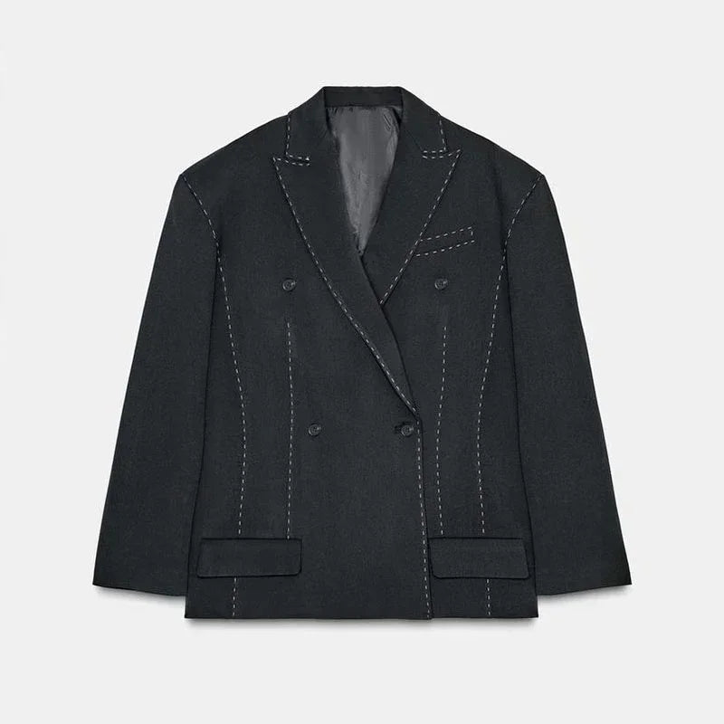 Casual Womens Double Breasted Striped Suit Loose Blazer Straight Pants Set