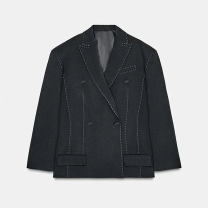 Casual Womens Double Breasted Striped Suit Loose Blazer Straight Pants Set