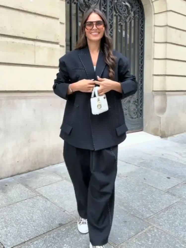 Casual Womens Double Breasted Striped Suit Loose Blazer Straight Pants Set