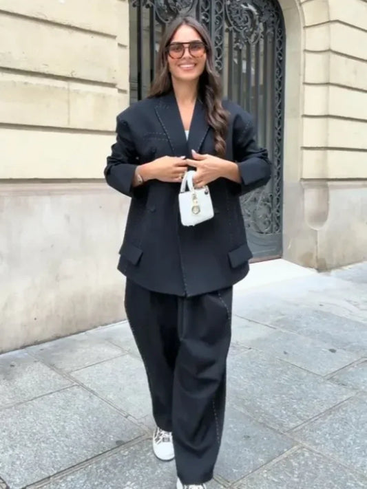 Casual Womens Double Breasted Striped Suit Loose Blazer Straight Pants Set