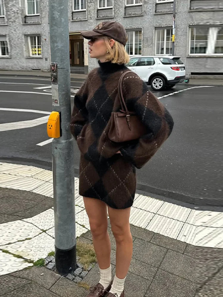 Womens Loose Casual Turtleneck Sweater Argyle Pattern Drop Shoulder Pullover