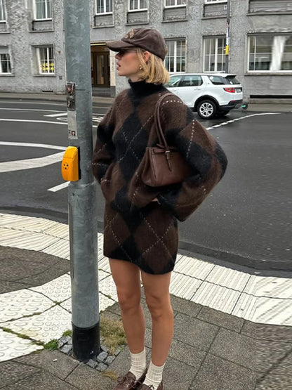 Womens Loose Casual Turtleneck Sweater Argyle Pattern Drop Shoulder Pullover