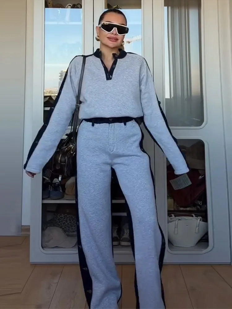 Womens Spring Sport Set Long Sleeve V Neck Tops High Waist Wide Leg Pants