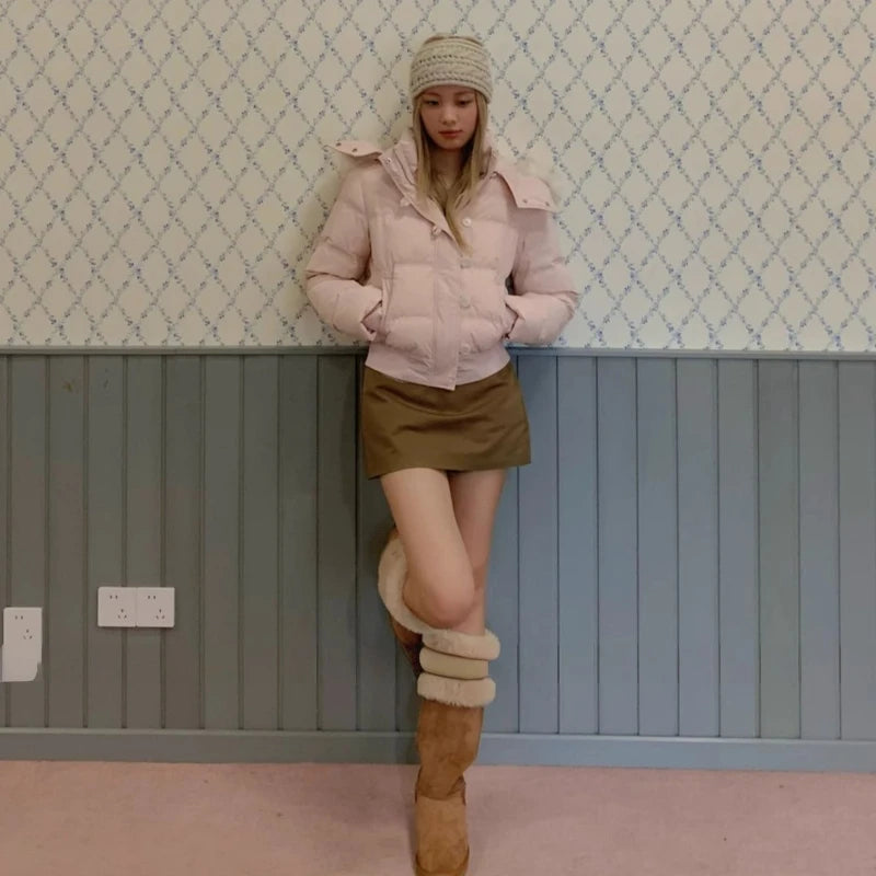 Pink Cotton Padded Winter Jacket Womens Hooded Faux Fur Collar