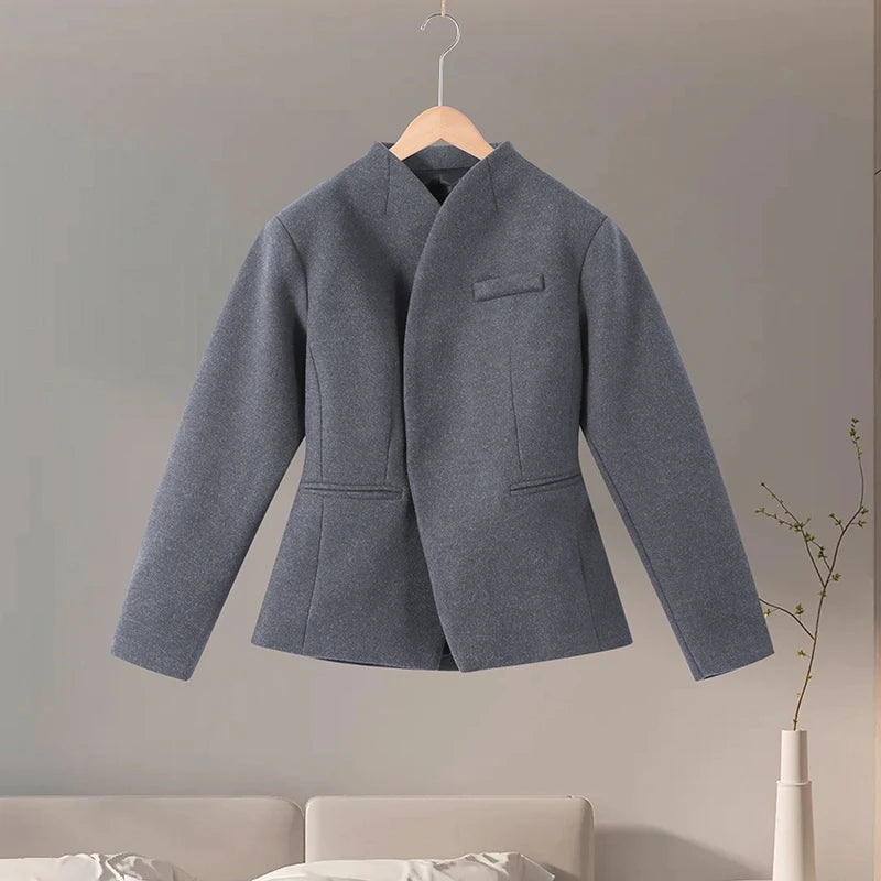 Womens Spring Solid Coat And Pants Set Lapel V Neck Straight Leg Trousers