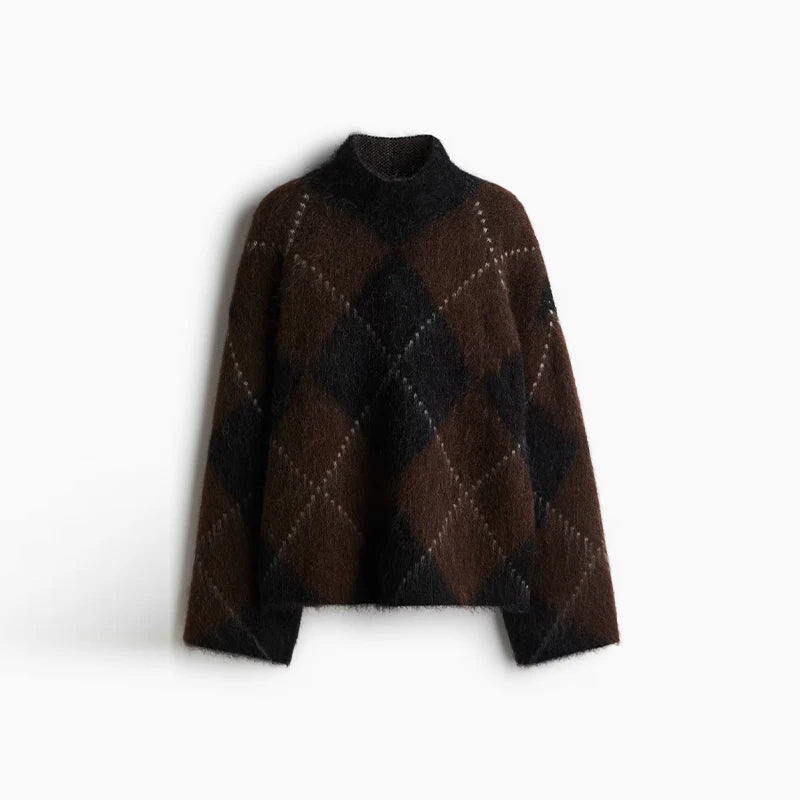 Womens Loose Casual Turtleneck Sweater Argyle Pattern Drop Shoulder Pullover