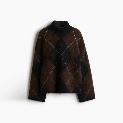 Womens Loose Casual Turtleneck Sweater Argyle Pattern Drop Shoulder Pullover