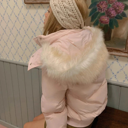 Pink Cotton Padded Winter Jacket Womens Hooded Faux Fur Collar