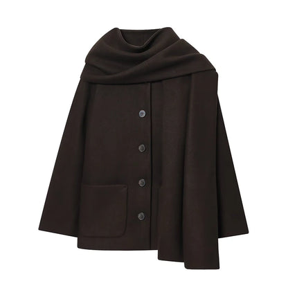 Single Breasted Womens Trench Coat Full Sleeve Detachable Scarf Winter