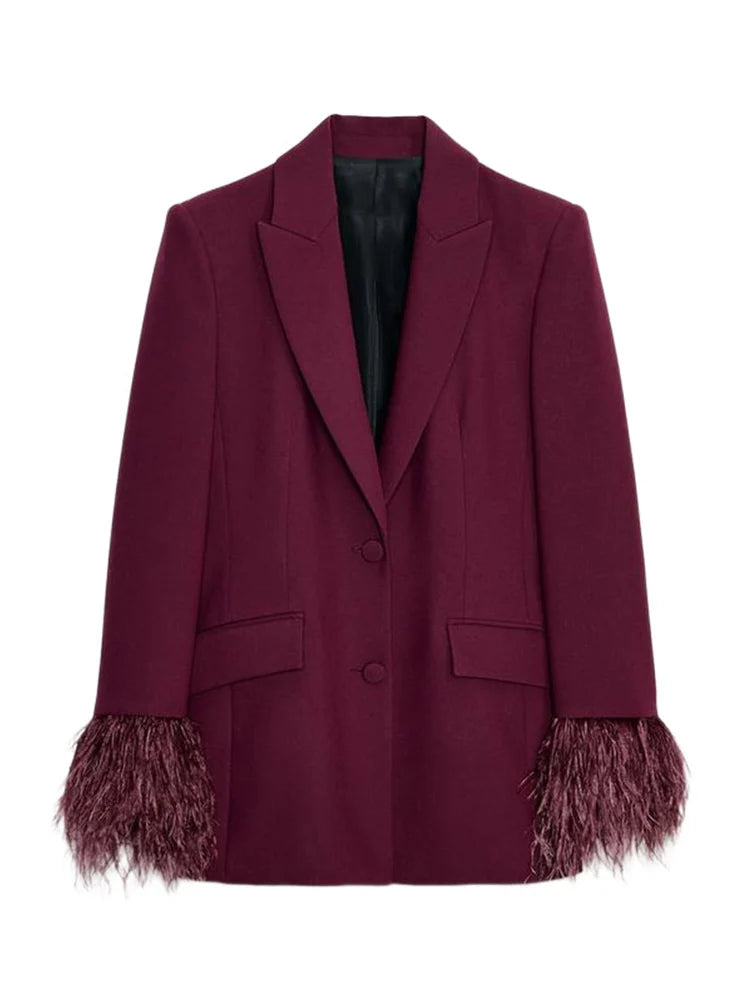 Feather Trim Lapel Blazer And Straight Pant Two Piece Suit Set