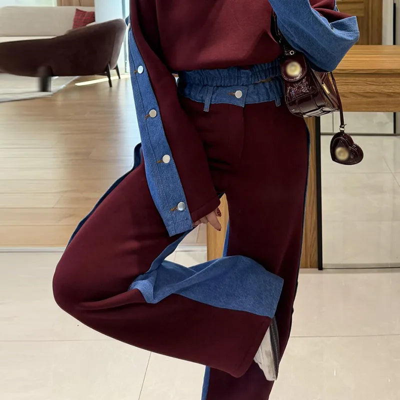 Womens Spring Sport Set Long Sleeve V Neck Tops High Waist Wide Leg Pants