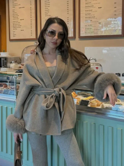 Womens Grey Mid Length Jacket Faux Fur Sleeve Wool Blend V Neck Outwear