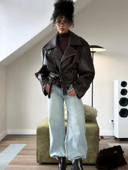 Womens Casual Dark Red Leather Look Jacket Loose Lapel Long Sleeve Button