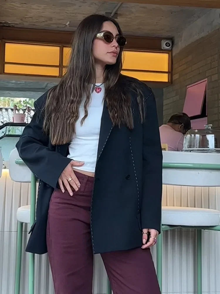 Casual Womens Double Breasted Striped Suit Loose Blazer Straight Pants Set