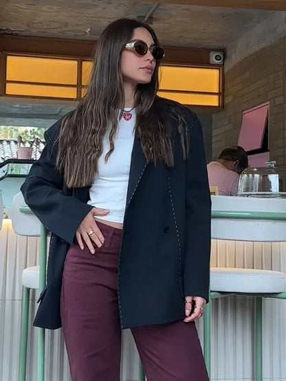 Casual Womens Double Breasted Striped Suit Loose Blazer Straight Pants Set