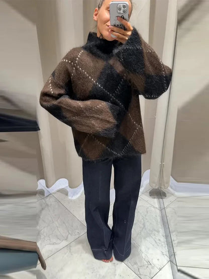 Womens Loose Casual Turtleneck Sweater Argyle Pattern Drop Shoulder Pullover