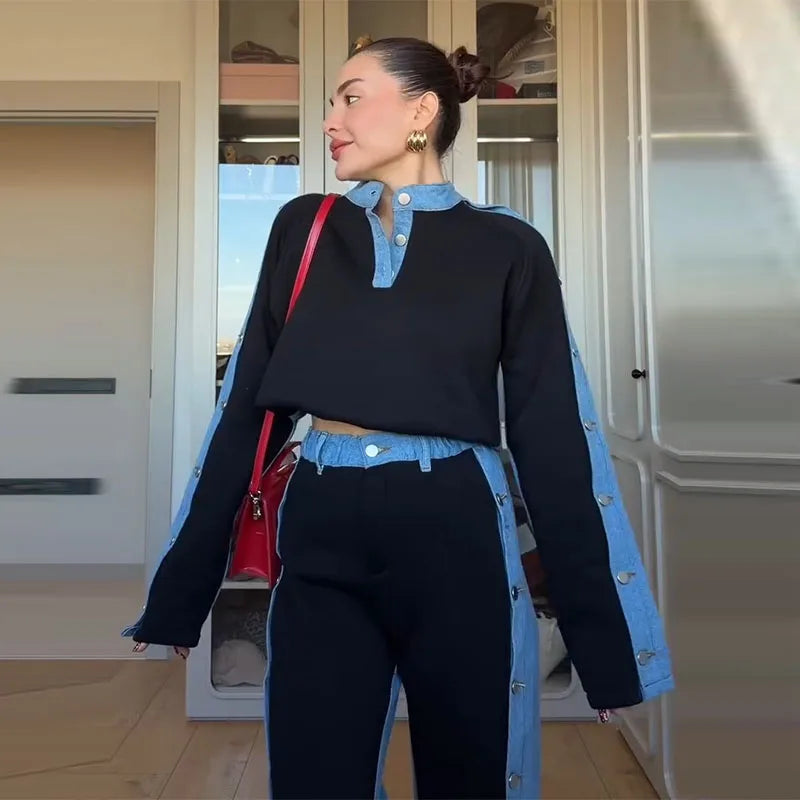 Womens Spring Sport Set Long Sleeve V Neck Tops High Waist Wide Leg Pants