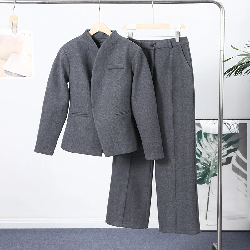Womens Spring Solid Coat And Pants Set Lapel V Neck Straight Leg Trousers