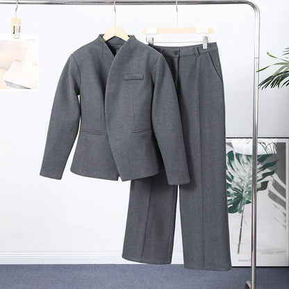 Womens Spring Solid Coat And Pants Set Lapel V Neck Straight Leg Trousers
