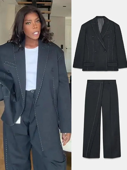 Casual Womens Double Breasted Striped Suit Loose Blazer Straight Pants Set