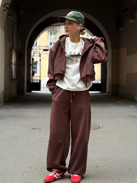 Warm Women's Brown Velvet Tracksuit – Fleece Zipper Crop Hoodie & Sweatpants Set