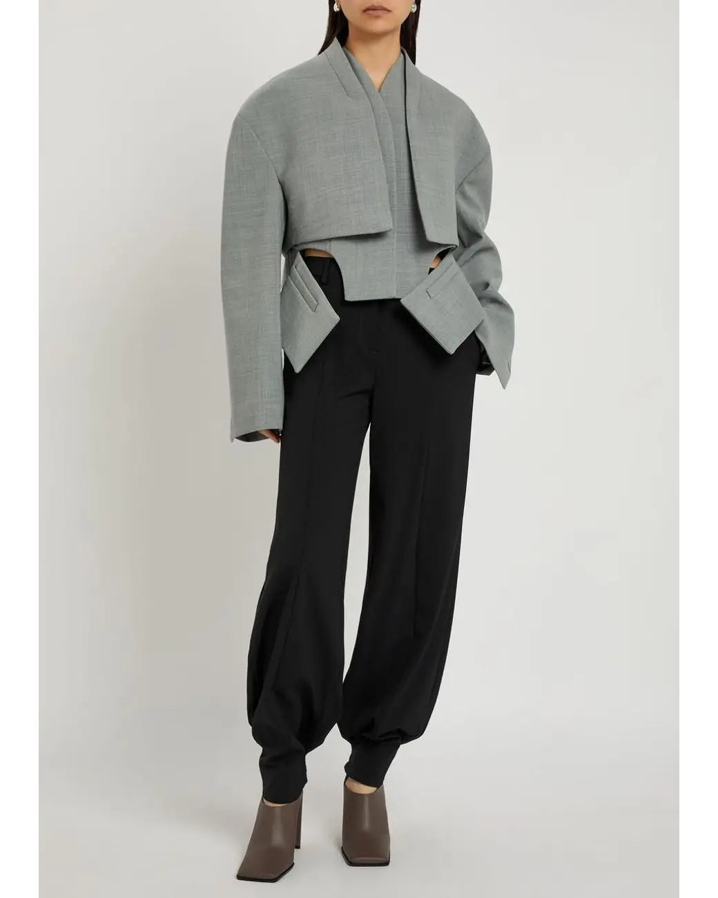 Womens Grey Blazer Suit Jacket Irregular Hem Split Full Sleeve Shoulder Pad