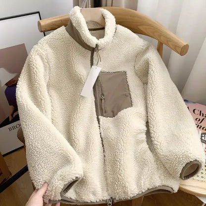 Solid Color Warm Lamb Wool Fleece Stand Neck Jacket Mens And Womens Zipper