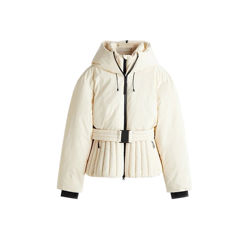 Womens Hooded Peplum Puffer Jacket Stand Collar Belt Waist Zipper Winter