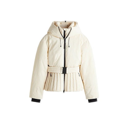 Womens Hooded Peplum Puffer Jacket Stand Collar Belt Waist Zipper Winter