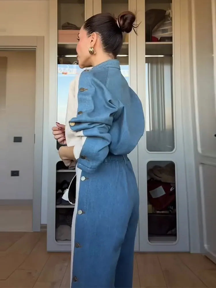 Womens Spring Sport Set Long Sleeve V Neck Tops High Waist Wide Leg Pants