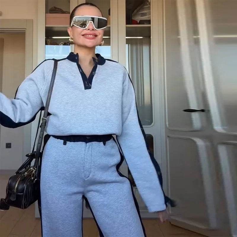 Womens Spring Sport Set Long Sleeve V Neck Tops High Waist Wide Leg Pants