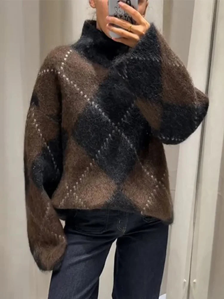 Womens Loose Casual Turtleneck Sweater Argyle Pattern Drop Shoulder Pullover
