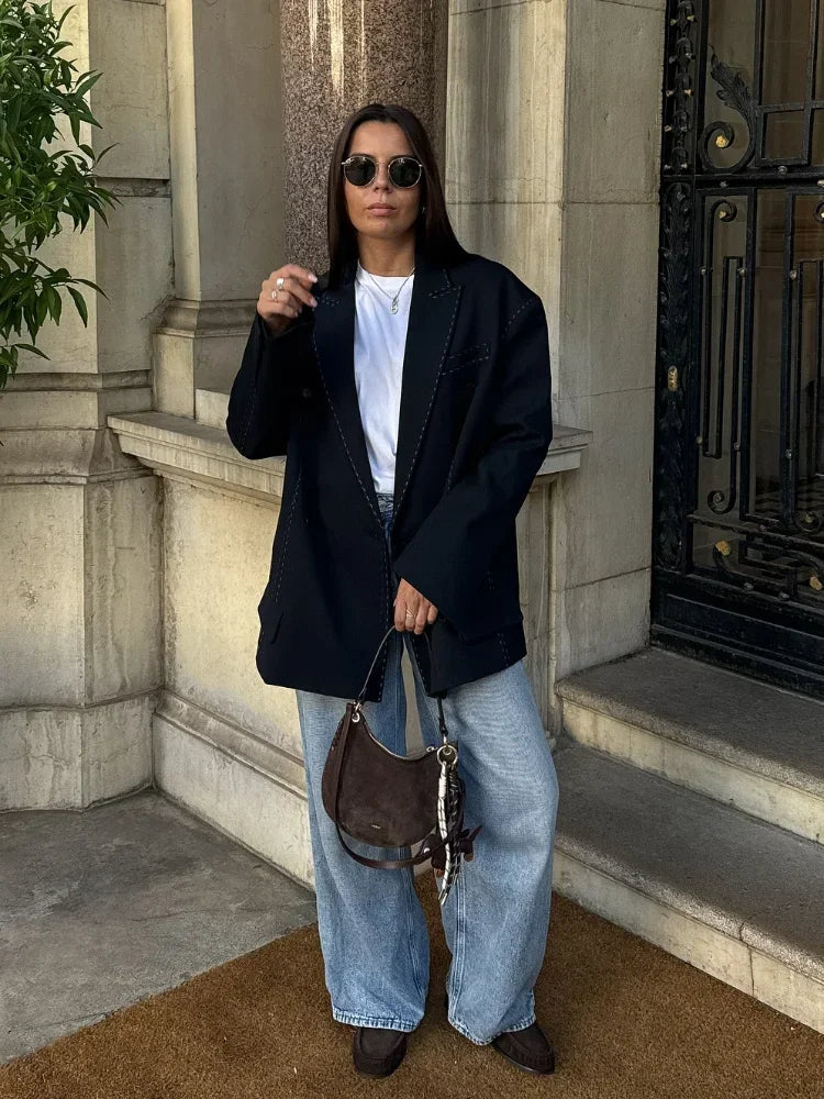 Casual Womens Double Breasted Striped Suit Loose Blazer Straight Pants Set