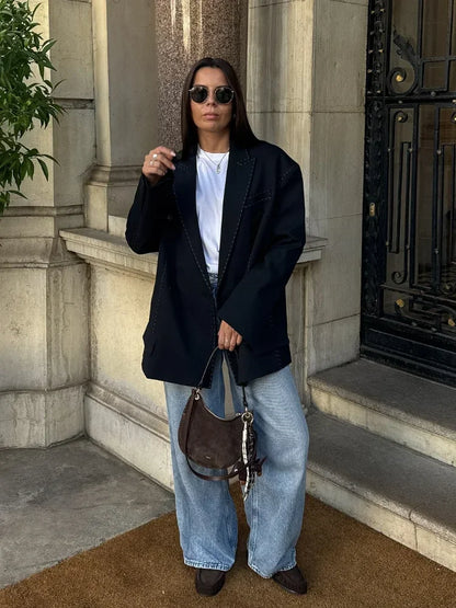 Casual Womens Double Breasted Striped Suit Loose Blazer Straight Pants Set