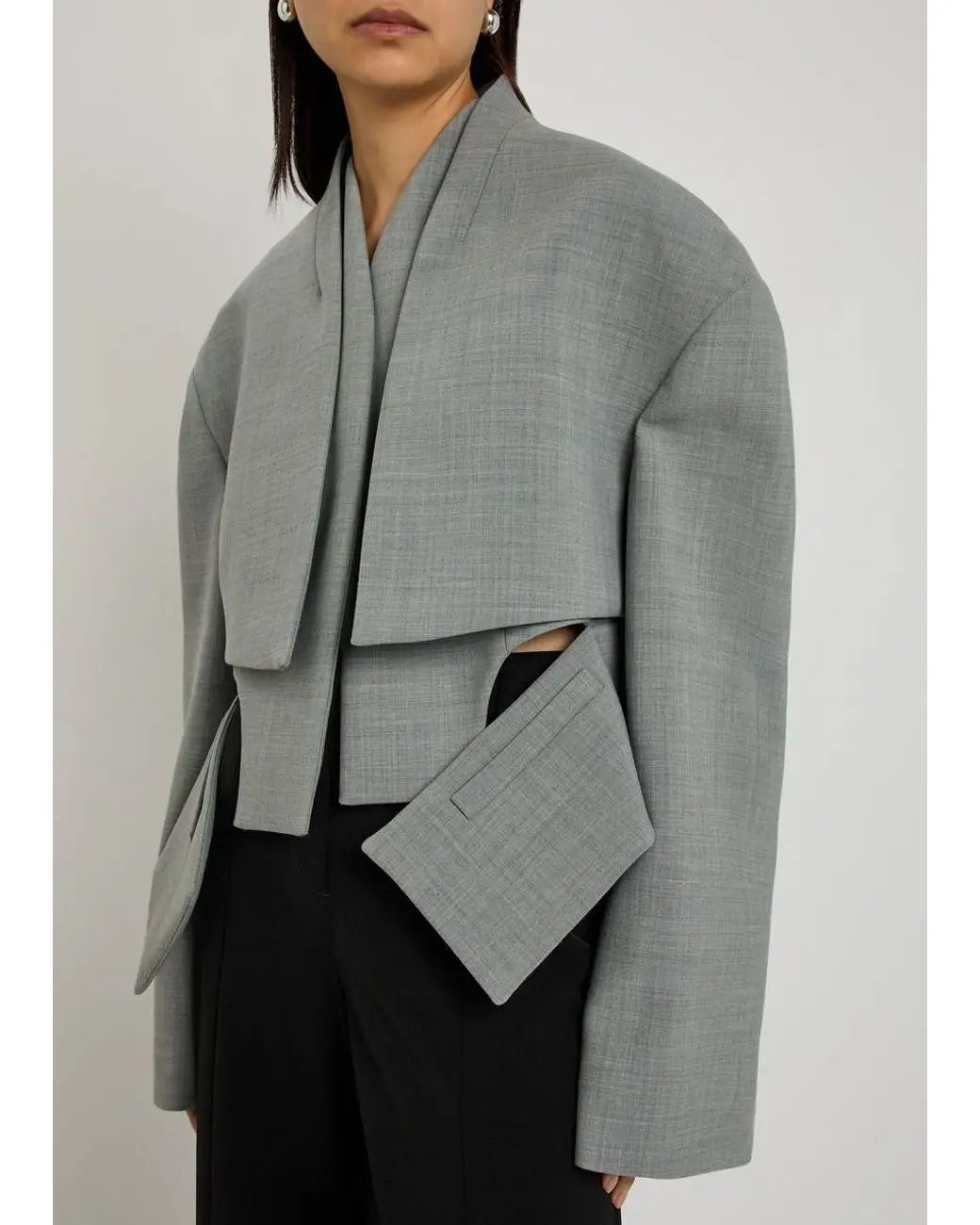 Womens Grey Blazer Suit Jacket Irregular Hem Split Full Sleeve Shoulder Pad