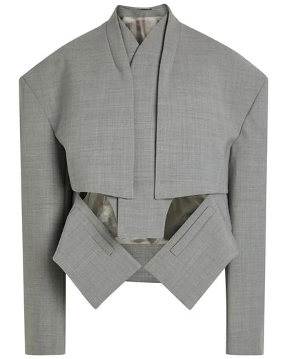 Womens Grey Blazer Suit Jacket Irregular Hem Split Full Sleeve Shoulder Pad