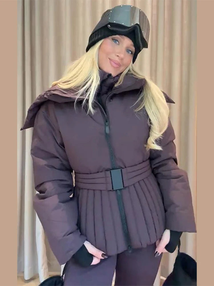 Womens Hooded Peplum Puffer Jacket Stand Collar Belt Waist Zipper Winter
