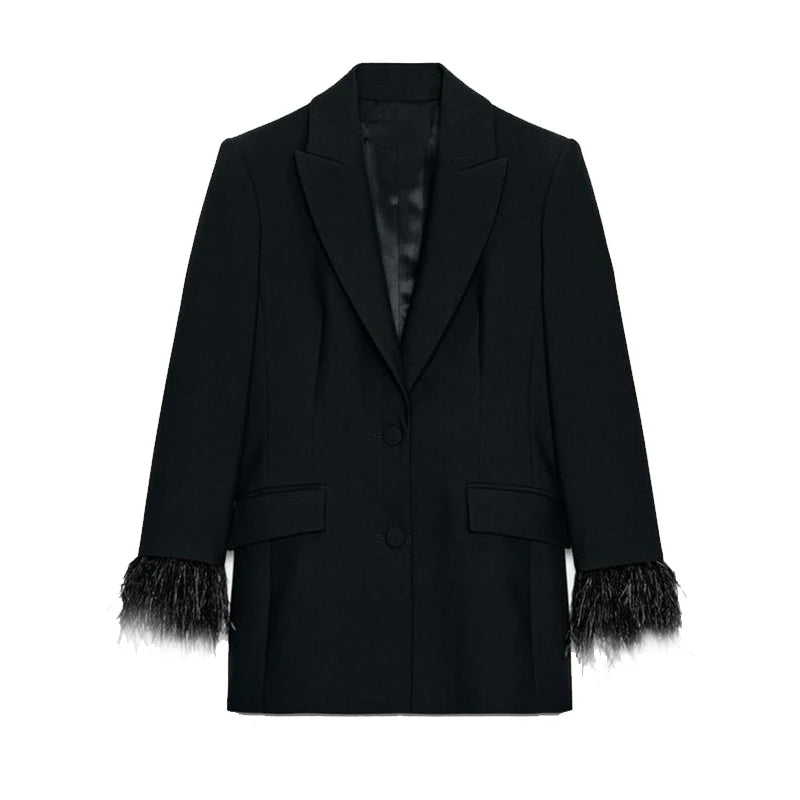 Feather Trim Lapel Blazer And Straight Pant Two Piece Suit Set