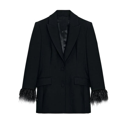 Feather Trim Lapel Blazer And Straight Pant Two Piece Suit Set
