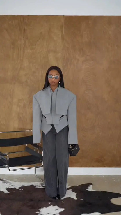 Womens Grey Blazer Suit Jacket Irregular Hem Split Full Sleeve Shoulder Pad