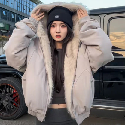 Thickened Fur Collar Warm Jacket Hoodie Womens Mens Couple Zipper