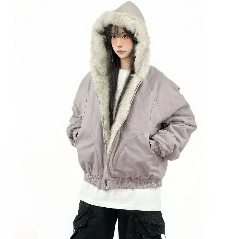 Thickened Fur Collar Warm Jacket Hoodie Womens Mens Couple Zipper
