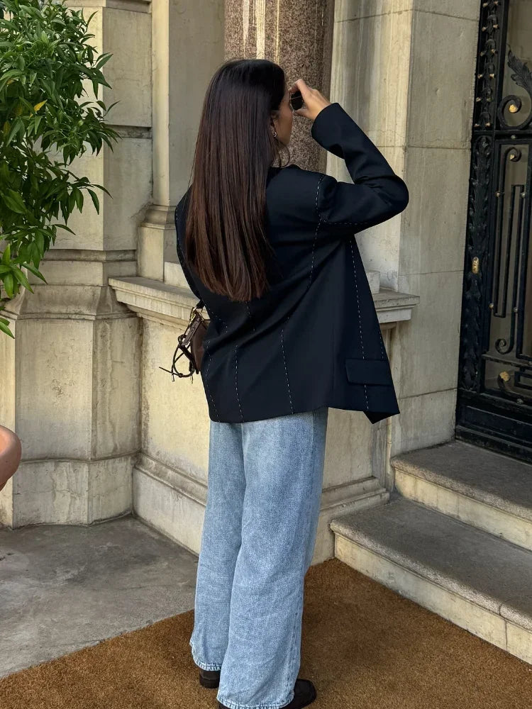 Casual Womens Double Breasted Striped Suit Loose Blazer Straight Pants Set