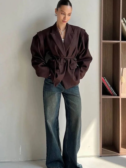 Brown Casual Short Blazer Womens V Neck Lace Up Waist Outerwear