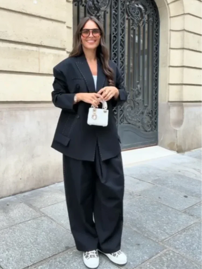 Casual Womens Double Breasted Striped Suit Loose Blazer Straight Pants Set