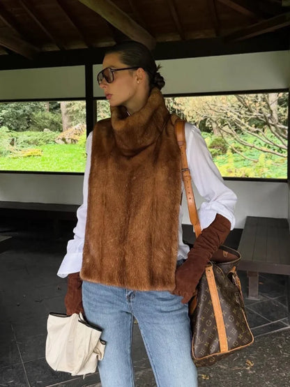 Womens Stand Collar Faux Fur Sleeveless Jacket Loose Short Vest Solid